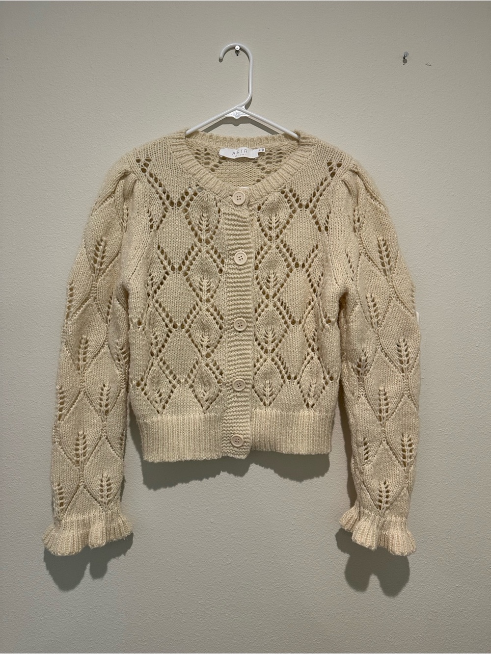 ASTR Anthropologie Cream Openwork Knit Button-Front Cardigan - Picture 3 of 10